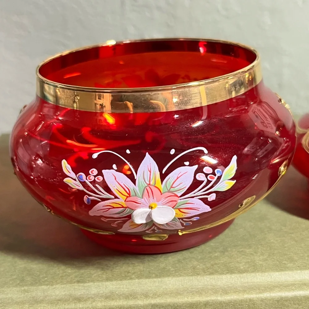 Authentic Bohemian Czech Ruby Red Cased Glass Jar Hand Painted 24K Gold